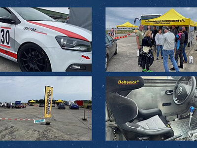 Eine Bildercollage aus einem Fahrzeug, der Fahrererbesprechung mit mehreren Teilnehmern und einem Zelt, einen Einblick in das Fahrzeug inkl. Sitz und die Banner / Werbung bei der Veranstaltung am Vorstartbereich